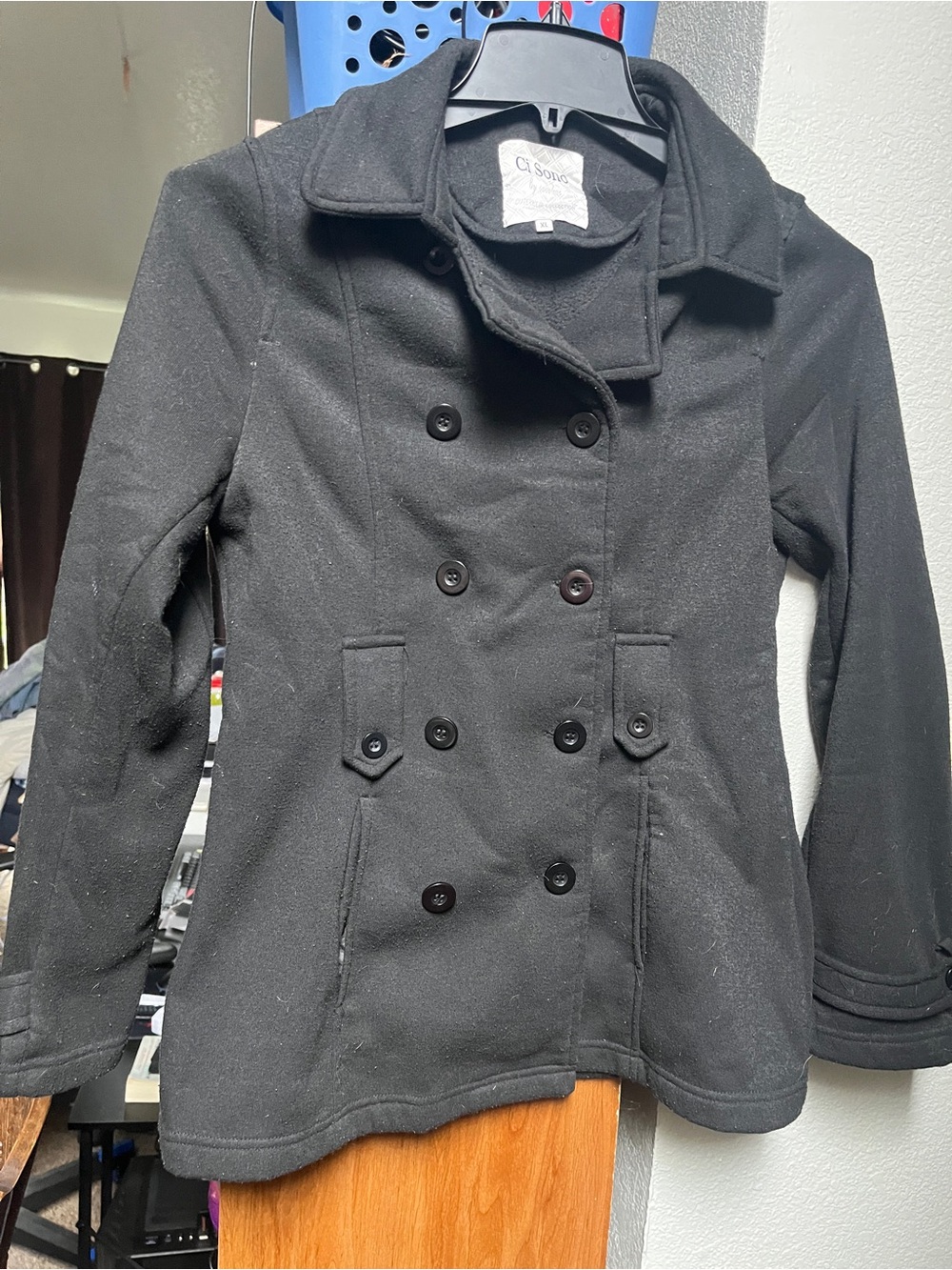 Grey Double-Breasted Wool-Blend Peacoat
